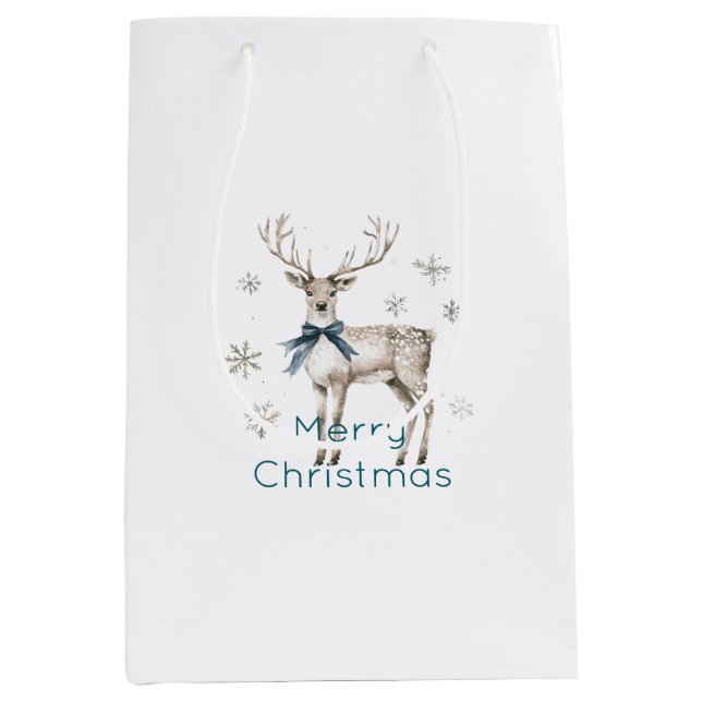 Bolsa De Regalo Mediana Deer Blue Bow Snowflakes Christmas (Anverso)