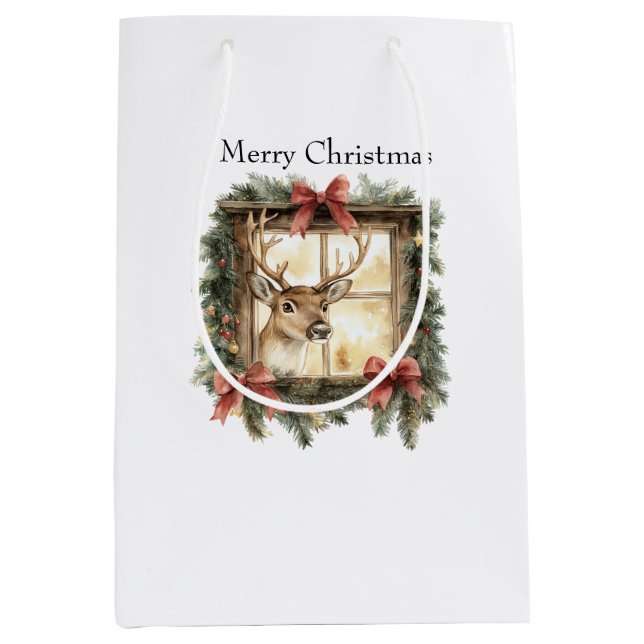 Bolsa De Regalo Mediana Deer in Window Red Bows Christmas (Anverso)