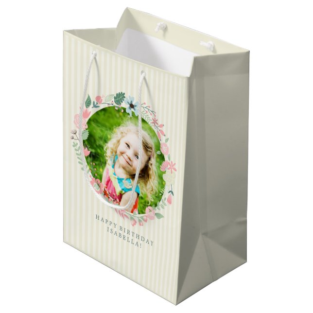 Bolsa De Regalo Mediana Delicadas franjas amarillas Fotograma Floral (Angulo Anverso)