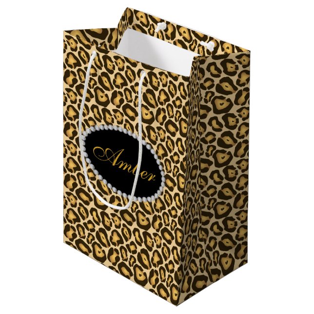 Bolsa De Regalo Mediana Diamantes del estampado leopardo y monograma (Angulo Anverso)