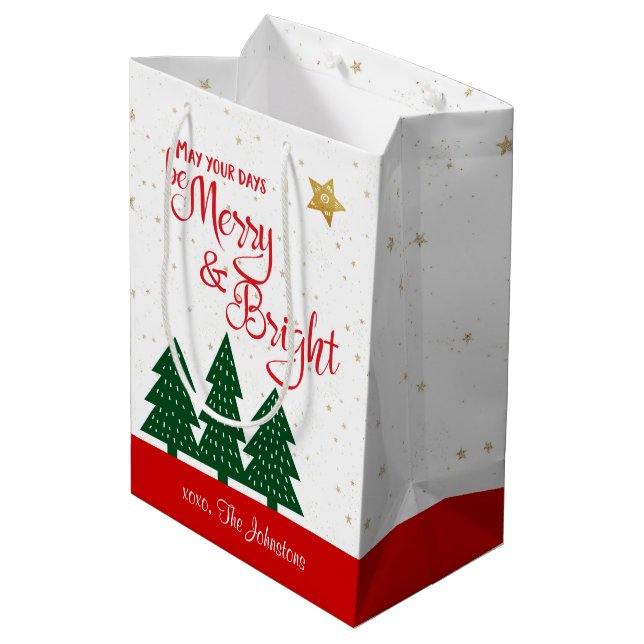 Bolsa De Regalo Mediana Días sé arboles brillantes Red Script Gold Stars (Angulo reverso)