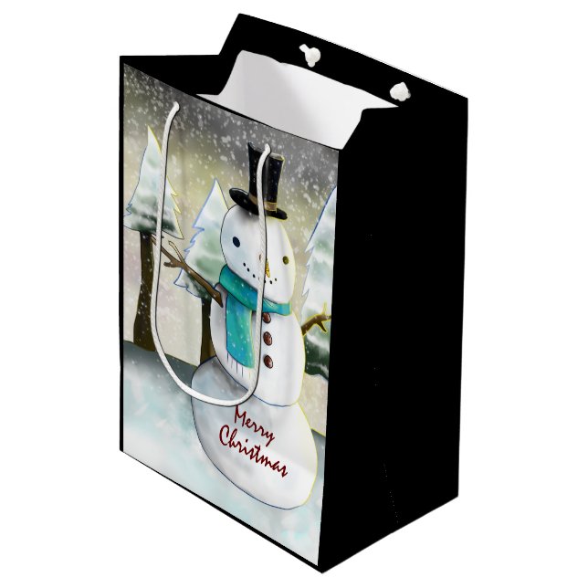 Bolsa De Regalo Mediana Dibujo de caprichoso hombre de nieve en Navidades  (Angulo Anverso)
