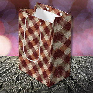 Bolsa De Regalo Mediana Dibujo de Cuadros Rojo Herrumbre Naranja Crema Rús