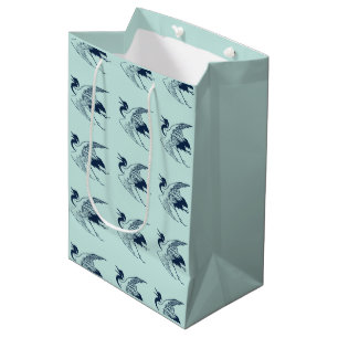 Bolsa De Regalo Mediana Dibujo japonés vintage de una grúa, azul
