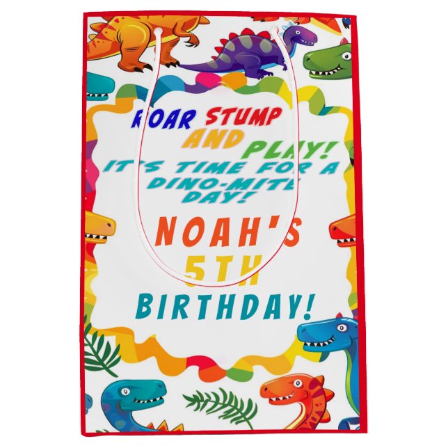 Bolsa De Regalo Mediana Dino-Mite con tema de dinosaurio divertido (Anverso)