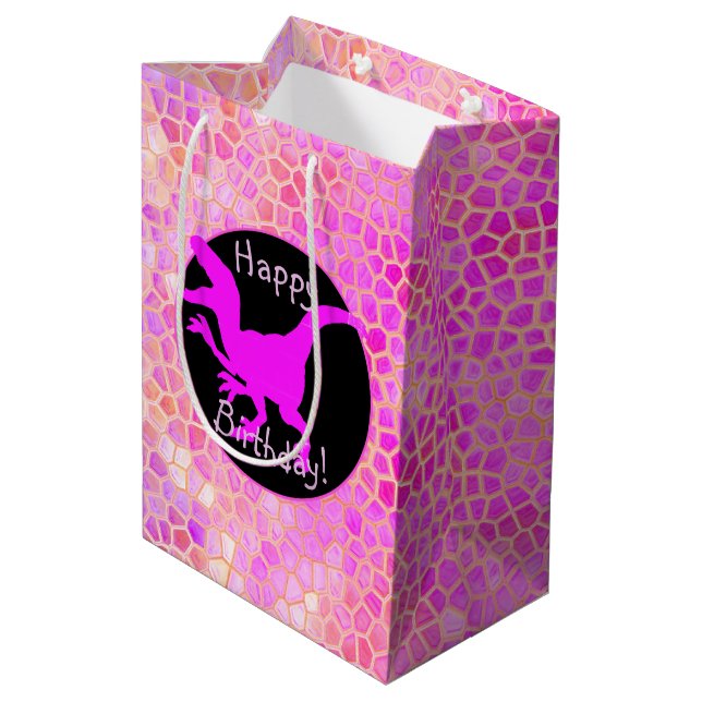 Bolsa De Regalo Mediana Dinosaurio Rosa Esconde Feliz Cumpleaños! (Angulo reverso)