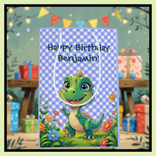 Bolsa De Regalo Mediana Dinosaurio Verde Azul Gingham Presente de cumpleañ