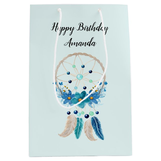 Bolsa De Regalo Mediana Diseño de Boho estilo Blue Dreamcatcher (Anverso)
