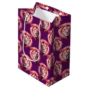 Bolsa De Regalo Mediana Diseño de patrón de animal cabeza de león rosa púr