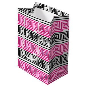 Bolsa De Regalo Mediana Diseño de patrón de llave griega negra rosa y blan