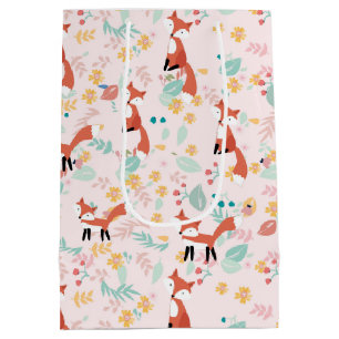 Bolsa De Regalo Mediana Diseño Floral de Zorro Lindo Rosa