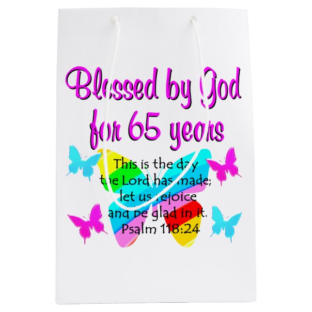 BOLSA DE REGALO MEDIANA DISEÑO RELIGIOSO 65º CUMPLEAÑOS DE MARIPOSA (Anverso)