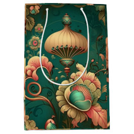 Bolsa De Regalo Mediana Diseño retro vintage floral verde