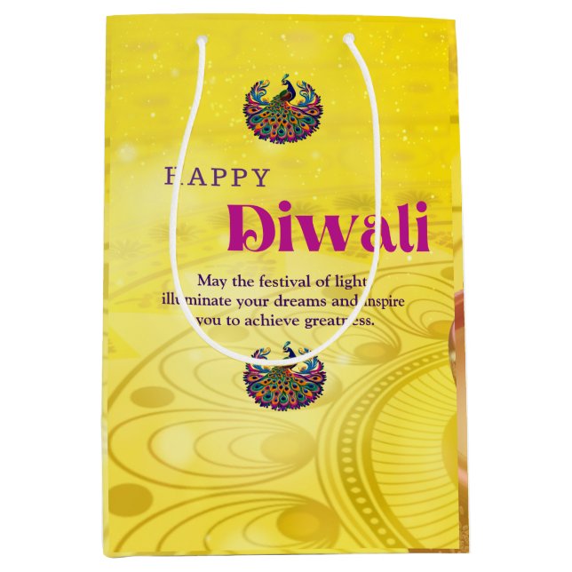 Bolsa De Regalo Mediana Diwali Amarillo Mandala Lámpara Peacock Personaliz (Anverso)