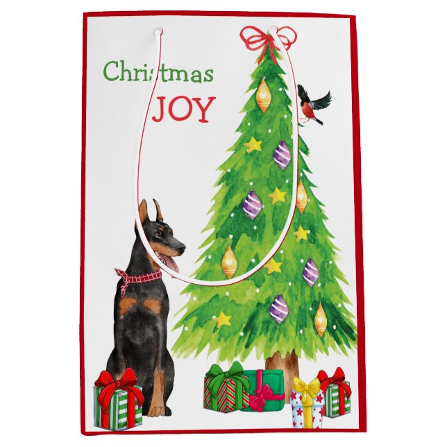 Bolsa De Regalo Mediana Doberman Pinscher, Bird y Christmas Tree (Anverso)