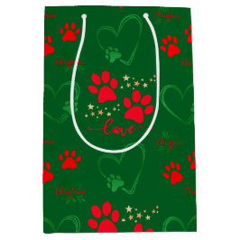 Bolsa De Regalo Mediana DOG PAW PRINTS festivos y CORAZONES DE AMOR Navida
