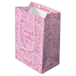 Bolsa De Regalo Mediana Doodle de Navidades rosados | Vibes festivas