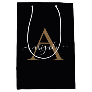 Bolsa De Regalo Mediana Dorado con Monograma Negro Medianoche Elegante M