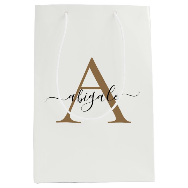 Bolsa De Regalo Mediana Dorado con Perlas Blanco Monogramado | Elegante Mi (Anverso)