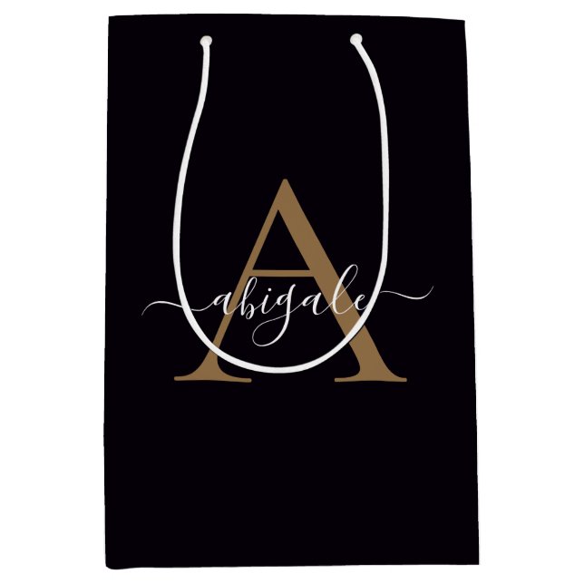 Bolsa De Regalo Mediana Dorado Monograma Pitch Black | Elegante Minimalist (Anverso)