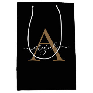 Bolsa De Regalo Mediana Dorado Monogramado Jet Negro Minimalista Elegant