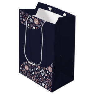 Bolsa De Regalo Mediana Dorado rosa, copo de nieve blanco y azul oscuro
