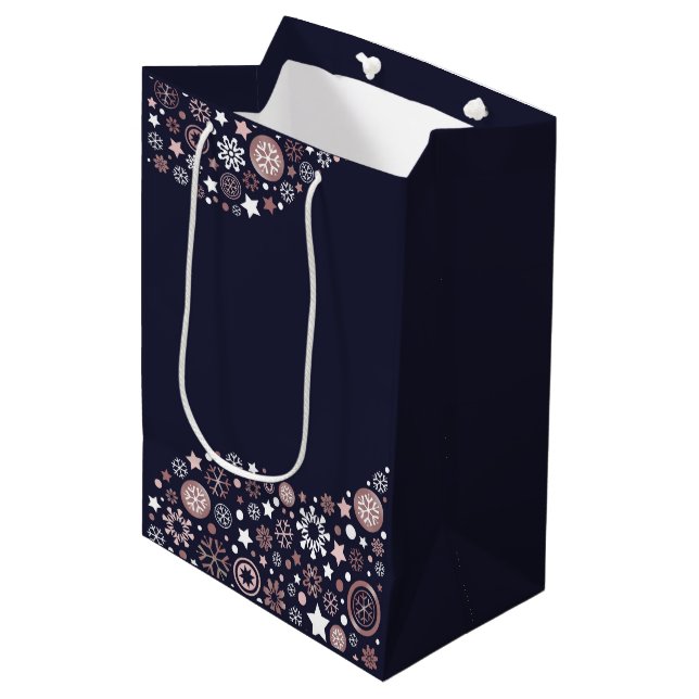 Bolsa De Regalo Mediana Dorado rosa, copo de nieve blanco y azul oscuro (Angulo Anverso)