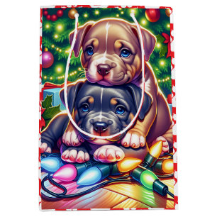 Bolsa De Regalo Mediana Dos Cachorros Cuitos Jugando Bajo El Árbol De Navi