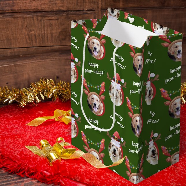Bolsa De Regalo Mediana Dos perros foto reno Feliz Navidad Verde (Subido por el creador)