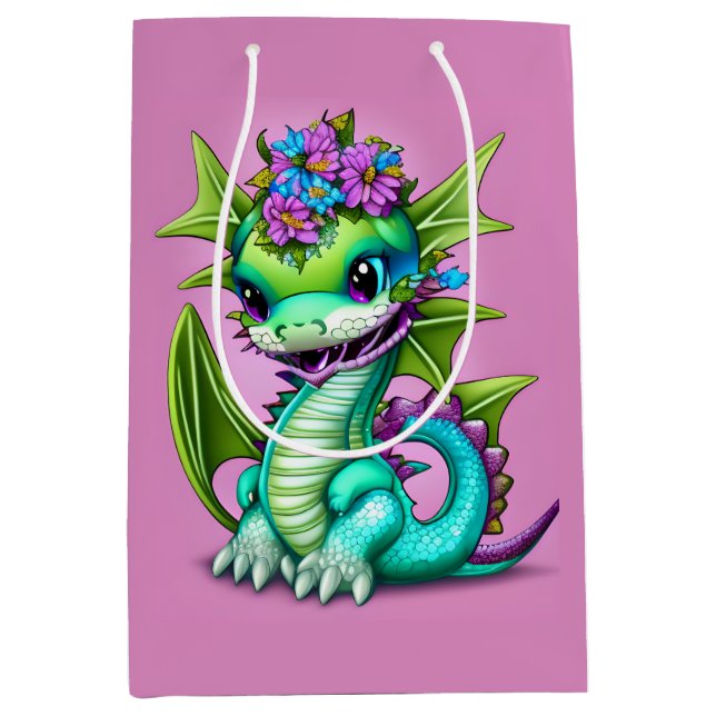 Bolsa De Regalo Mediana Dragón infantil morado y verde (Anverso)