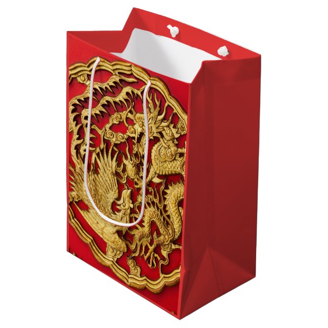 Bolsa De Regalo Mediana Dragon Phoenix Red Gold Boda China (Angulo Anverso)