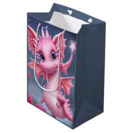 Bolsa De Regalo Mediana Dragón rosa lindo con flores rosadas