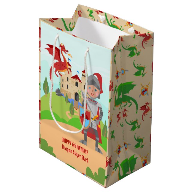 Bolsa De Regalo Mediana Dragon Slayer Knight Boy Birday Party (Angulo Anverso)