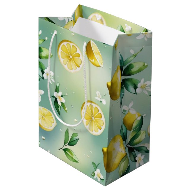 Bolsa De Regalo Mediana ducha de novia con guión floral azul limón moderno (Angulo reverso)