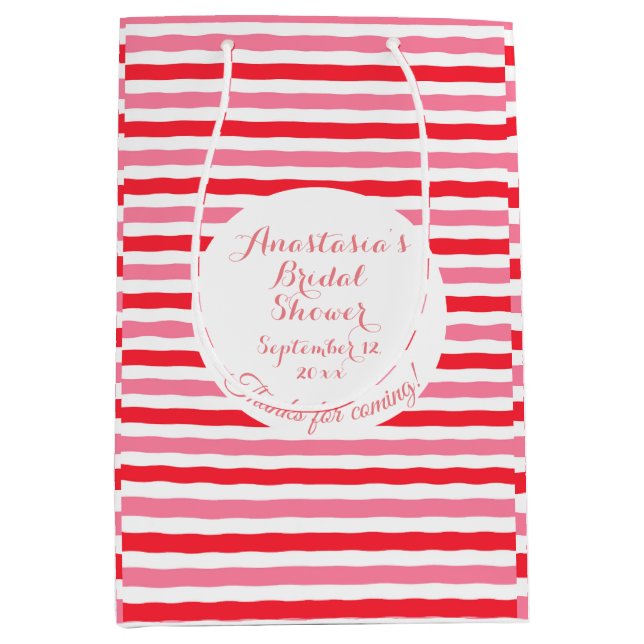 Bolsa De Regalo Mediana Ducha de Novia de Rayas Blancas Rojas y Rosas (Anverso)