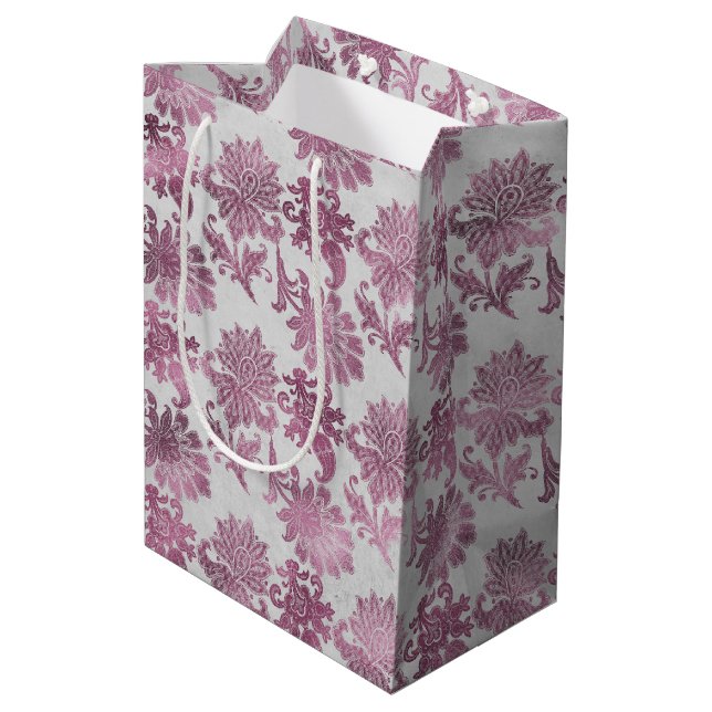 Bolsa De Regalo Mediana Ducha de Novia Floral Rojo Burdeos Plateado (Angulo reverso)