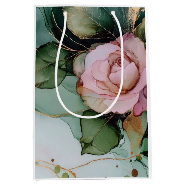 Bolsa De Regalo Mediana Ducha de Novia Floral Rosa Romántico Oro Blanco (Anverso)