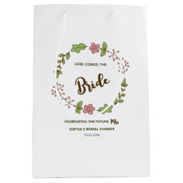 Bolsa De Regalo Mediana Ducha de Novia Hojas Verdes Flor Rosa