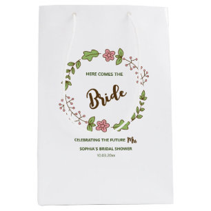 Bolsa De Regalo Mediana Ducha de Novia Hojas Verdes Flor Rosa