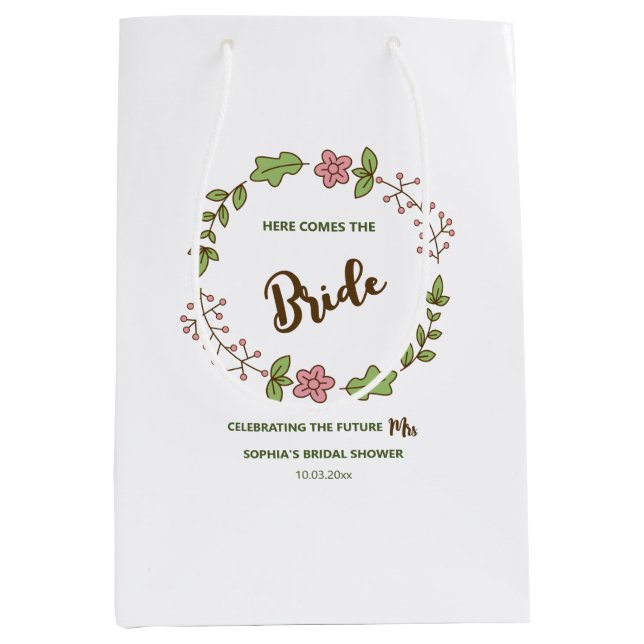 Bolsa De Regalo Mediana Ducha de Novia Hojas Verdes Flor Rosa (Anverso)