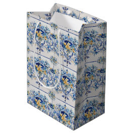 Bolsa De Regalo Mediana Ducha nupcial azul y floral blanca en mosaico ital