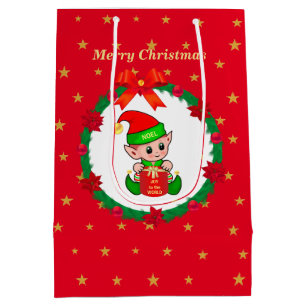 Bolsa De Regalo Mediana Duende de Navidad, corona de pino, poinsettias y e