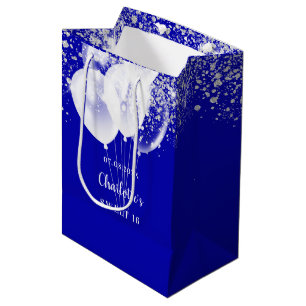 Bolsa De Regalo Mediana Dulce nombre de 16 globos de purpurina azul real