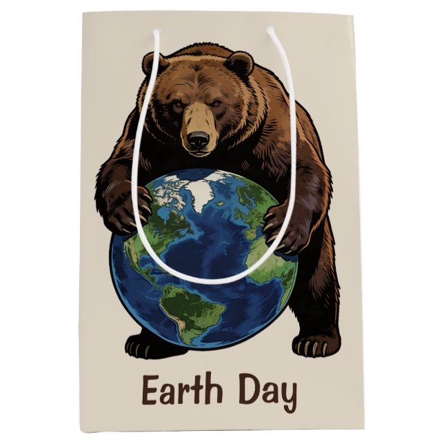 Bolsa De Regalo Mediana Earth Day Bear Hugging Planet Design (Anverso)