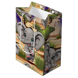 Bolsa De Regalo Mediana El bebé elefante salta feliz en la sabana africana