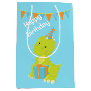 Bolsa De Regalo Mediana El dinosaurio verde azul embroma cumpleaños