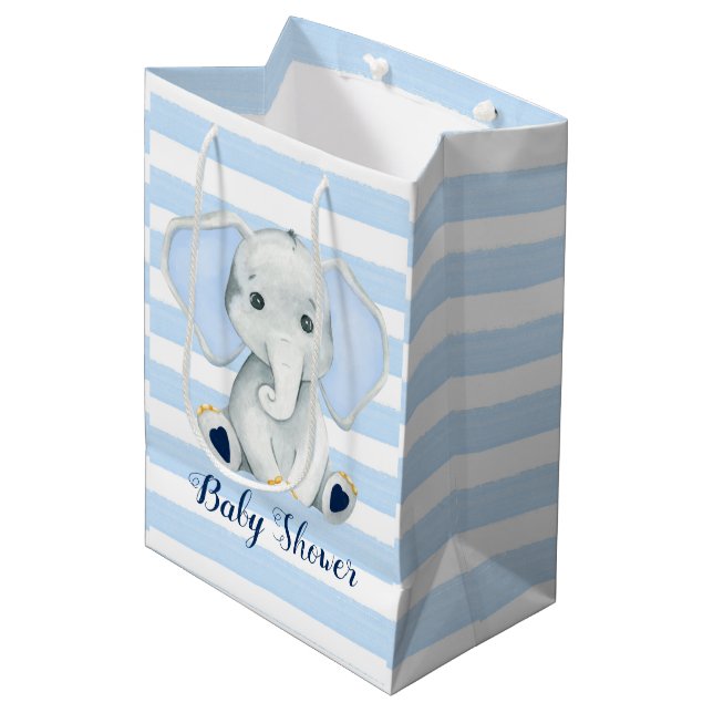 Bolsa De Regalo Mediana Elefante acuático con franjas azules Baby Shower (Angulo Anverso)