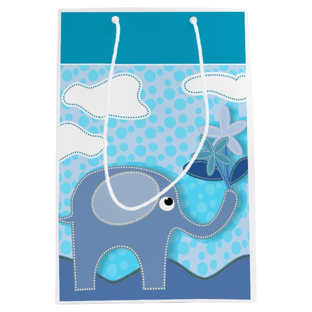 Bolsa De Regalo Mediana Elefante azul bebé y flores (Anverso)