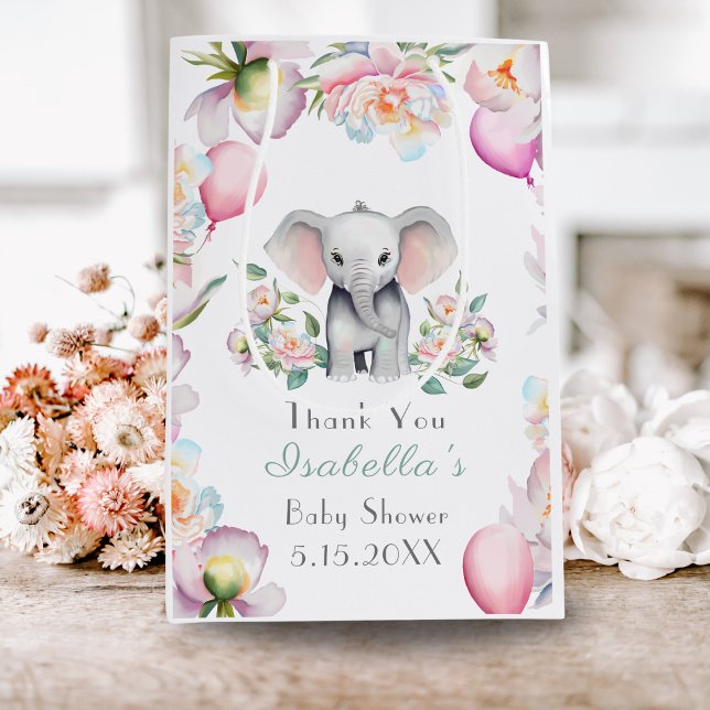 Bolsa De Regalo Mediana Elefante Bebé con Peonies y Globos Baby Shower (Celebrate joyfully with baby elephant, peonies, and balloons: shower happiness!)