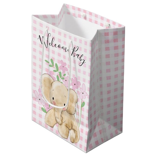 Bolsa De Regalo Mediana Elefante bebé en las flores de Gingham (Angulo Anverso)